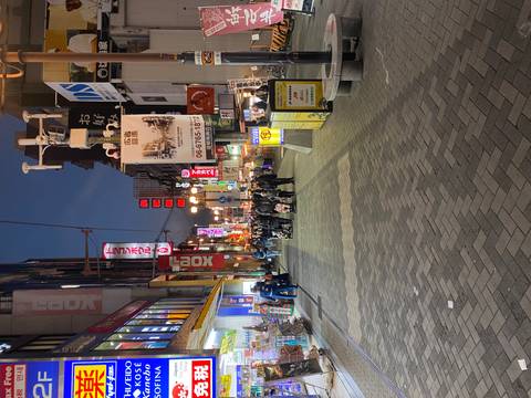       Busy street scene in Japan with colorful signs and people walking.
  