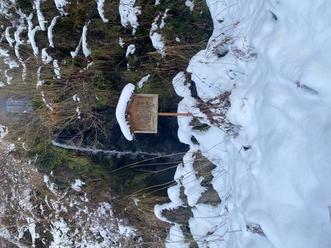 Winter landscape with a waterfall and snow-covered surroundings.