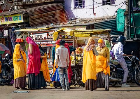 People in vibrant saris shopping at street food vendors.