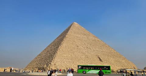 Great Pyramid of Giza against a clear blue sky.