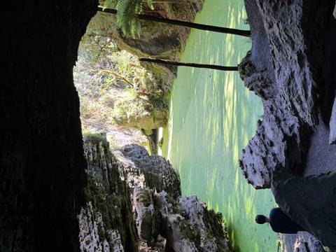       Scenic cave with a pool of still water inside.
  