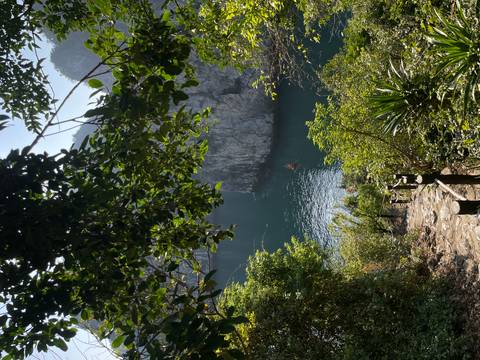 Scenic view of a lake seen through lush greenery.