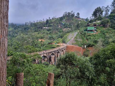 Aerial view of a bridge over lush green valleys.