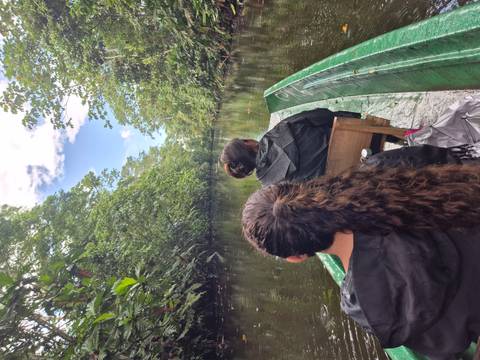 Boat tour through lush greenery with people onboard.