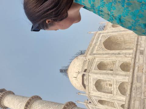       A woman looking at the Taj Mahal with scaffolding.
  