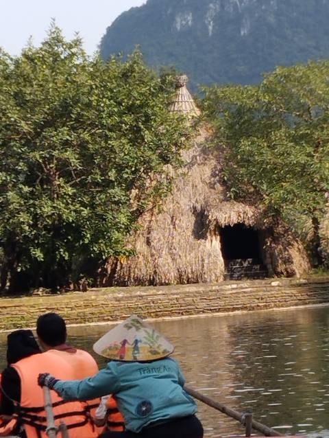       A cave entrance covered by dense foliage.
  