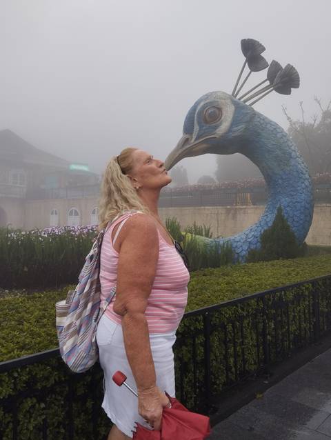       A woman posing with a large bird sculpture in a misty garden.
  