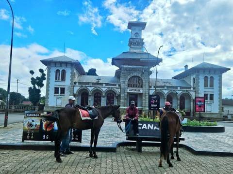 Train station with people and horses in front.