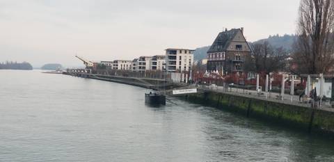 Riverfront with buildings and a tree-lined walkway.