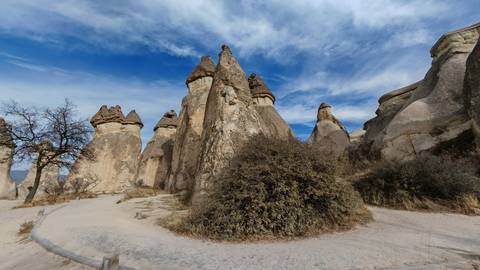 Scenic view of rock formations in Cappadocia.