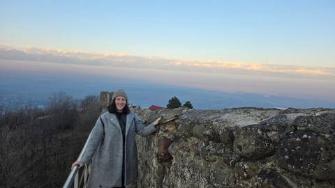      Person standing by a stone wall with mountains in the distance.
  