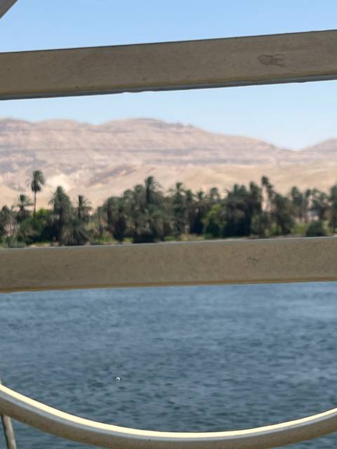 Blurred view through a rail at a riverbank with trees and hills.