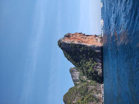 A large rocky cliff rising from the ocean.