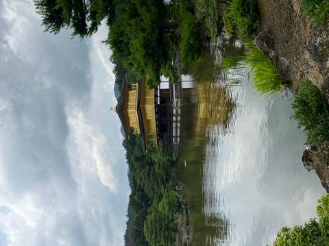       Kinkaku-ji, the Golden Pavilion, reflected in a tranquil pond.
  