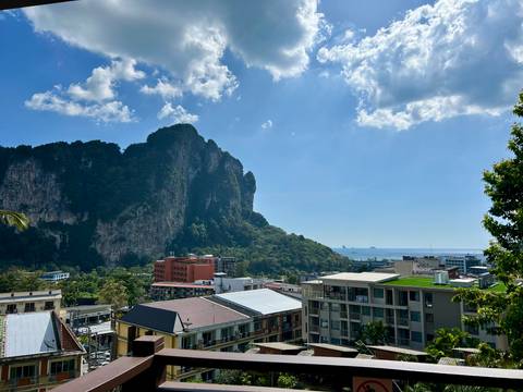       Modern buildings with a mountain in the background and sea view.
  