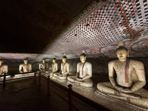       Row of statues inside a rock temple.
  