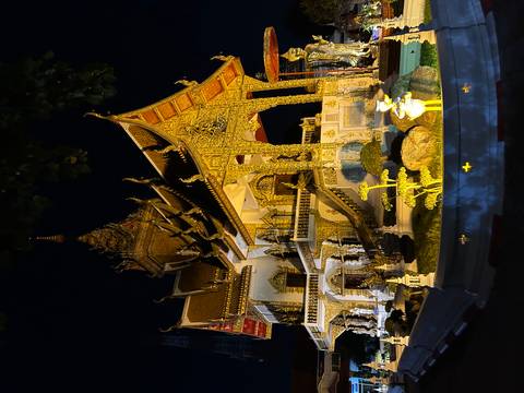       Ornate temple illuminated at night with intricate architecture.
  