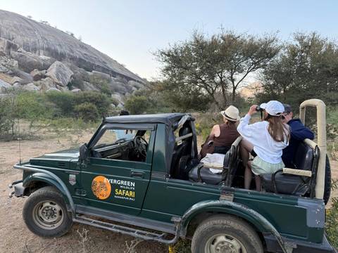 Safari jeep with tourists in a rocky landscape.