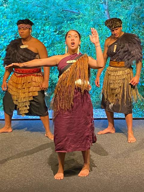       Group of people in traditional attire performing a dance.
  