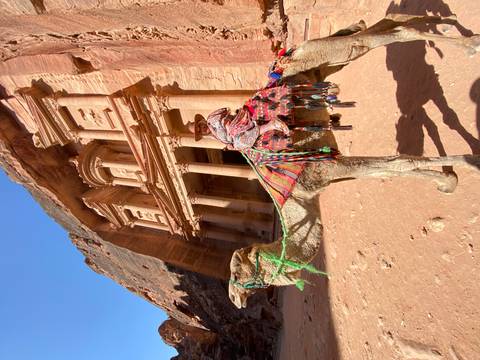       Person on a camel in front of ancient rock-cut architecture.
  