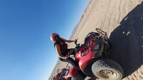 Person riding a quad bike on a desert landscape.
