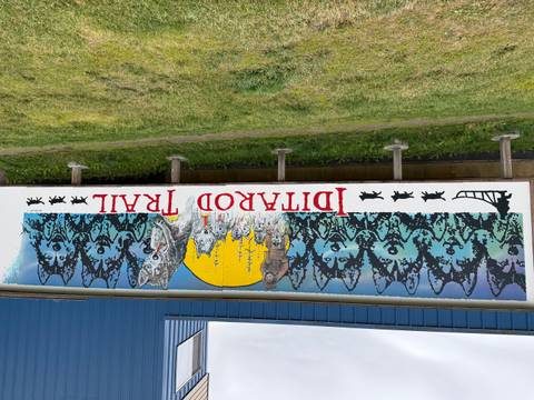       Mural showcasing the Iditarod Trail with artistic sled dogs.
  