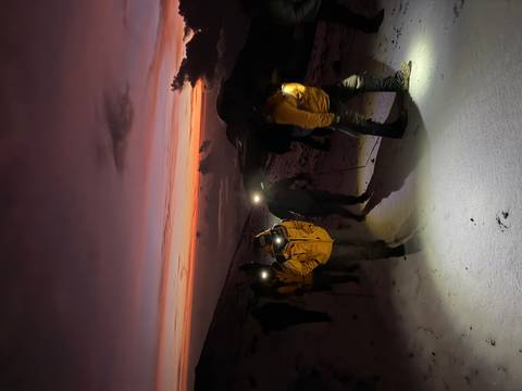 Group of climbers with headlamps trekking in snow at sunrise or sunset.
