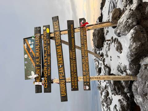 Sign at the summit of Uhuru Peak, Mount Kilimanjaro.