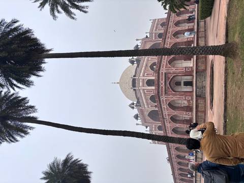       Historic tomb surrounded by palm trees, person taking photo.
  