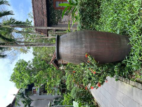 Large traditional ceramic jar standing amidst lush garden plants.