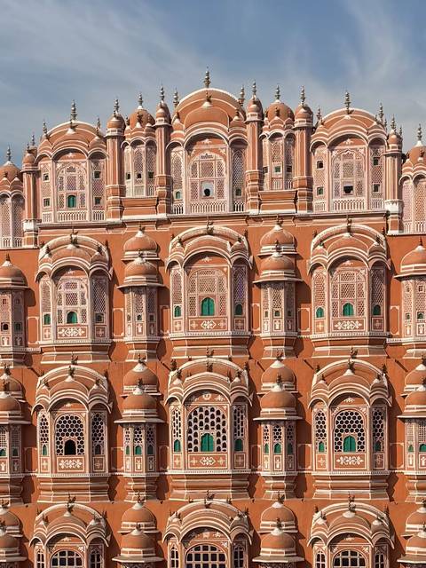       Detailed facade of the Hawa Mahal in Jaipur.
  