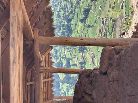       View of a thatched roof hut with lush green terraces in the distance.
  