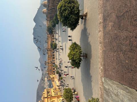 Courtyard with people and flying pigeons at a historic site.