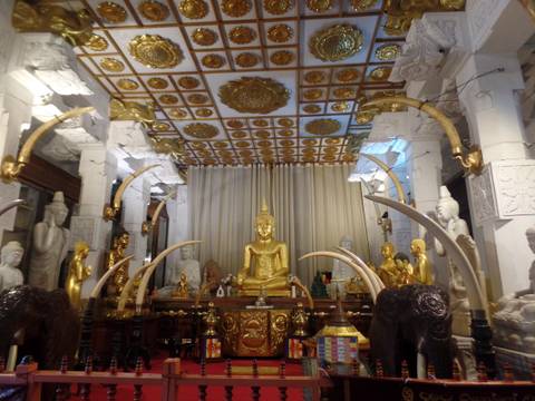      Ornate room with a golden Buddha statue and tusks.
  