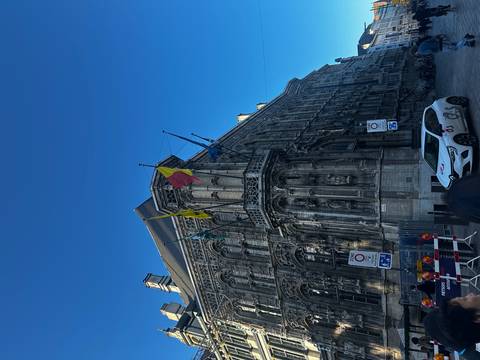 Historic building with flags seen from a distance.
