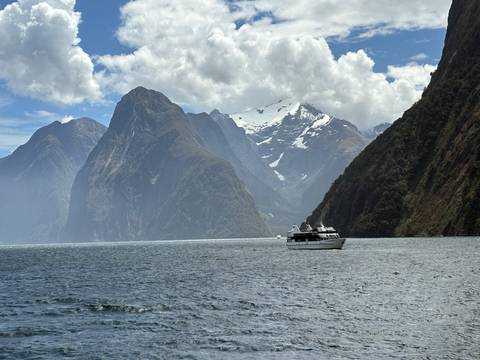       Scenic view of Milford Sound with a boat and mountains.
  