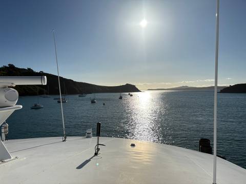       A view from a boat overlooking a bay with yachts.
  