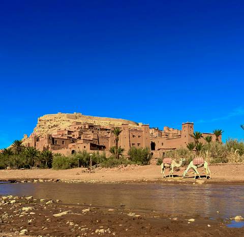 An old adobe fortress with camels in the foreground.