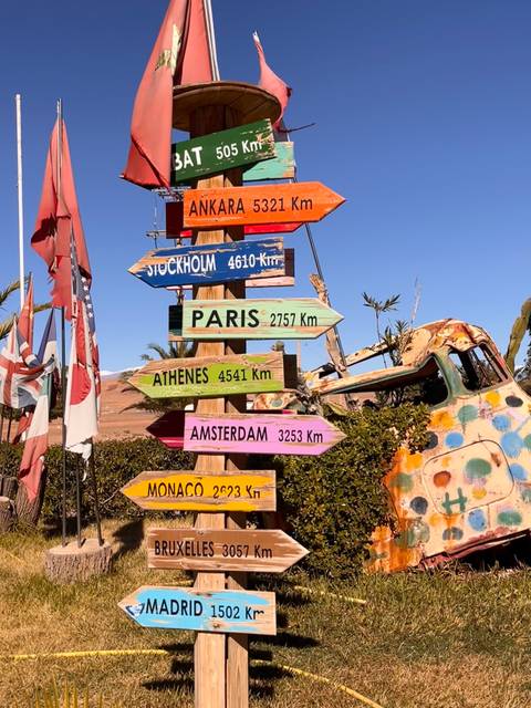 Colorful signpost with distances to various cities.