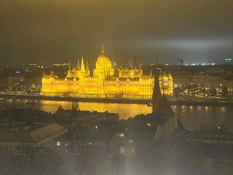       Night view of an illuminated grand building by a river.
  