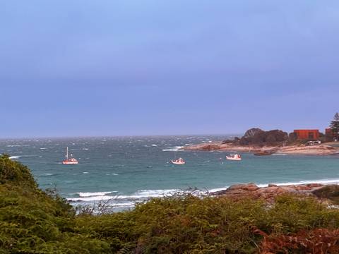 Coastal area with docked boats and rocky shore.