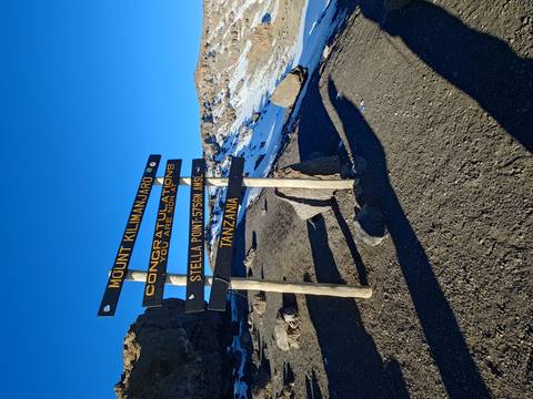 Sign at Mount Kilimanjaro's Stella Point with rocky terrain.