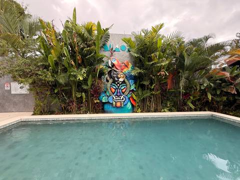       Swimming pool with mural and surrounding plants.
  