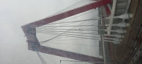 Bridge with red cables photographed on a cloudy day.