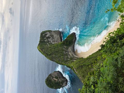 Cliffside view of a beach with a unique rock formation covered in greenery.