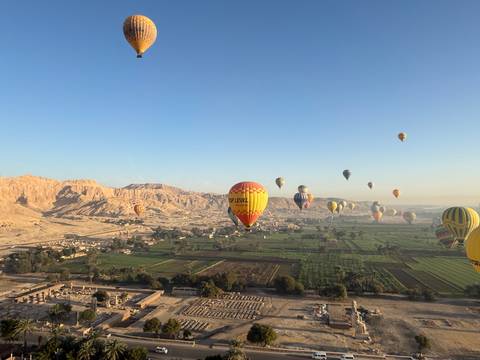       Dozens of hot air balloons floating over a lush valley.
  