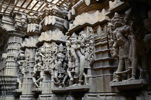 Intricate stone carvings on a temple wall.