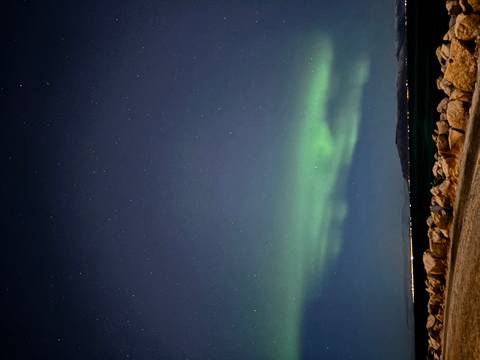       Northern lights over a rocky coastline at night.
  