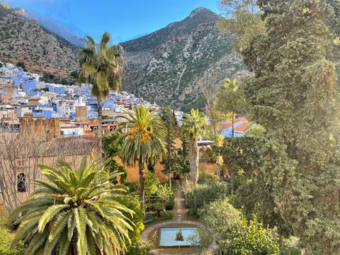 View of Chefchaouen with lush gardens and mountains in the background.