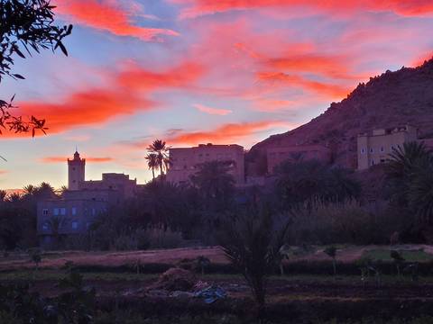       Silhouette of buildings and palm trees against a colorful sunset sky in Morocco.
  